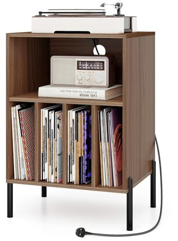 Vinyl-Rekord-Aufbewahrungsschrankhalter-Halter-Player-Ständer mit Ladestation, Turntable Stand End Table mit 5 Regalen für 150 Alben, Metallbein Vinyl-Aufbewahrungsschrank für Wohnzimmer Schlafzimmer