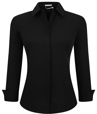 Alex Vando Womens Dress Shirts Wrinkle Free Regular Fit Long Sleeve Stretch Work Shirt, Hidden Placket Black, 3XL