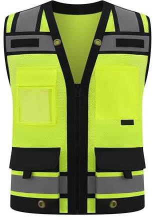Gasoline Class 2 High Visibility Reflective Safety Vests Women & Men With 15 Pockets And Zipper Front,Meets Ansi/Isea Standards (Yellow_body Black Trims, Large)