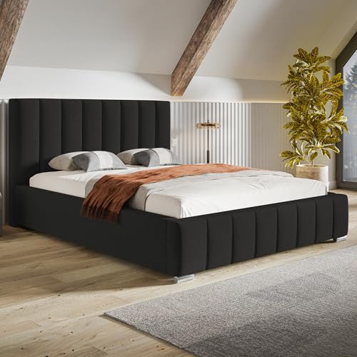 MOTIVENA Vigo Bett 120x200, Polsterbett 120x200, mit Bettkasten, mit Stauraum, mit Lattenrost, mit Kopfteil, Matratze H2/H3, Samt, Schwarz