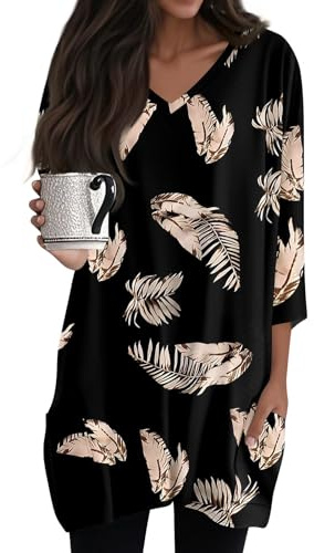 Damen Sommer - Top, V-Ausschnitt, 3/4 Ärmel, Langer Schnitt, Leicht und Bequem, Vintage-Druck Longbluse mit Tasche