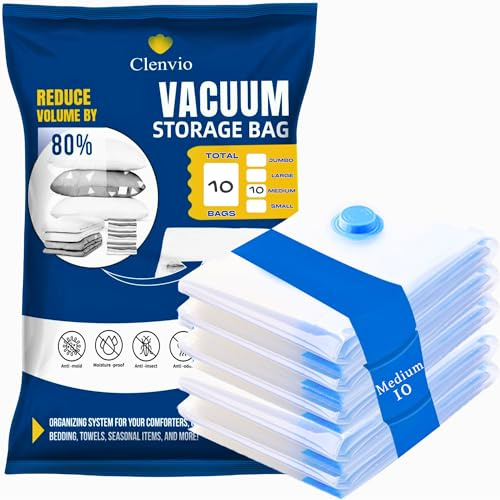 Clenvio Vacuum Storage Bags 10 Combo, (10 Medium) Space Saver Bags without Travel Hand Pump, Compression Airtight Sealer Bags for Clothes, Bedding, Pillows, Comforters, Blankets