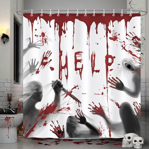 Bonhause Duschvorhang Horror Halloween Helfen Sie Mir mit Blutigen Händen Duschvorhänge 180 x 180 cm Anti-Schimmel Wasserdicht Polyester Stoff Waschbar Bad Vorhäng für Badzimmer mit 12 Haken