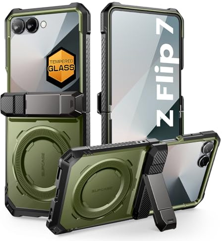 SUPCASE Funda para Samsung Galaxy ZFlip 7 con Soporte y Protector de Pantalla [UBGrip] MagSafe Compatible [Protección Bisagras] Carcasa Magnética Integral de Calidad Militar Case (Verde)