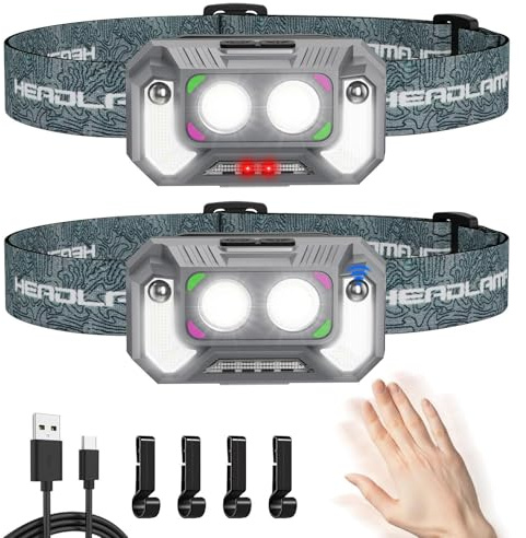 Karrong Leichte Stirnlampe Rotlicht, Motion Sensor 5 Modi Rotes und Blaues Stroboskop, USB-C Laden, 6 Std Laufzeit, Aufladbar Wasserdicht Kopflampe für Camping Laufen Angeln Arbeiten Notfall, 2 Pack