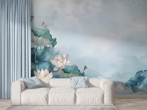 Boceoey Papier Peint Panoramique Lotus Fleur Orientale - Papier Peint Intissé Autocollant - Botanique Nénuphar Décoration Murale - Adhésif Mural pour Salon Chambre, 150x100 cm - F-522