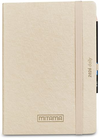 Mitama Tageskalender 2026 Champagner-Beige 15 x 21 cm, Hardcover, FSC-Papier, elastischer Verschluss, Stift enthalten