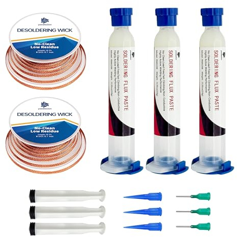 0.35oz/10g Seringue flux de pâte à souder avec 2.5 mm 3 Mètre Tresses à Dessouder pour PCB/IC/BGA/SMD Électroniques Soudure Réparation (3+2)