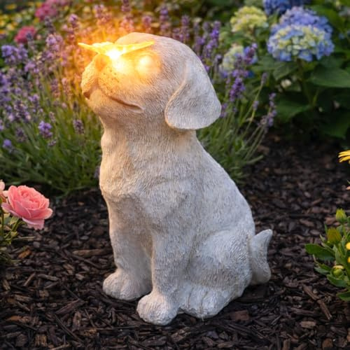 Festive Lights 20cm Gedenkstein mit solarbetriebener LED Beleuchtung Hund mit Schmetterling Grabdekoration Wetterfest Grabstein Grablicht Solar Gedenkstein Erinnerung (Hund mit Schmetterling)