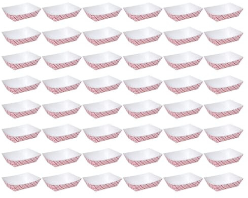 TOYANDONA 50 Plateaux Alimentaires Jetables en Papier Blanc Motif Grille Rouge, Format 1/2lb, Lot Pratique pour Buffet, Fête et Usage Quotidien, Accessoires pour Présentation et Service