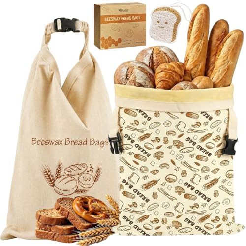 Bienenwachs Brotbeutel 2er Set XL 43x33cm,Wiederverwendbarer Brotsack zum Frischhalten-Leinen Brotbeutel mit herausnehmbarem Bienenwachs-Inliner für Sauerteig-Nachhaltige Brotaufbewahrung inkl.Schwamm