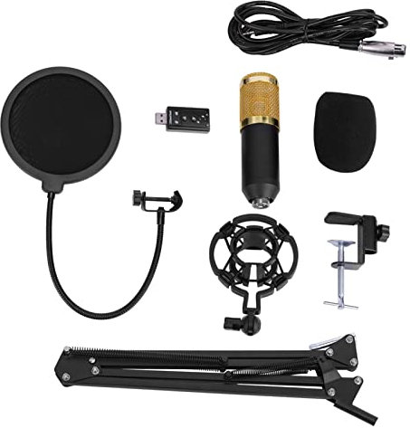 AYNEFY Condenser Microphone, BM800 Professional Cardioid Studio Condenser Microphone Arm Stand Double-layer Pop Filter Foam Cap Kit Record Accessory for Recording in Stainless Steel Plastic Material