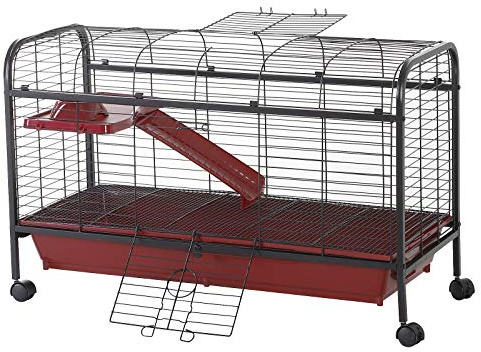 PawHut 41 L Small Animal Cage Rabbit Hutch Ferret Pet Play House with Feeder, Rolling Wheels, Platform, Ramp