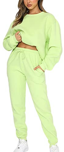 amropi Tuta da Donna Vello Foderato Pullover Felpa e Pantaloni Jogging Tute Verde,XXL