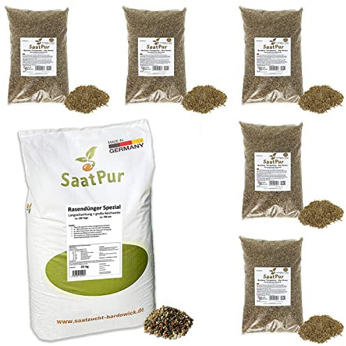 SaatPur® Set aus 25 kg Rasendünger Spezial und 5 x 1kg Rasensamen Berliner Tiergarten Dürreresistent, Dünger für ca. 700 m², NPK-Dünger 11+3+5, Rasen für ca. 200 m², Mehrjähriger Gebrauchsrasen