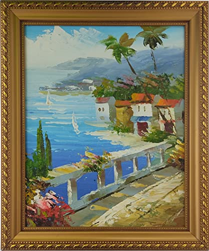 Pintura con vista al mar, marco dorado de madera, pinturas al óleo, 29 x 24 cm (callejón)