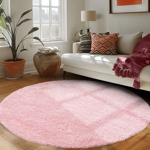 Runder Teppich Wohnzimmer Hochflor Einfarbiges Design Langflor Shaggy Modern Flauschig, Farbe: Rosa-1, Größe: 200 cm Rund