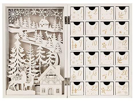 PE Weihnachten Adventskalender Buch Holz mit 24 Schubladen - Beleuchteter Weihnachtskalender mit Dorf Szene - Weihnachtsdeko zum Befüllen - Perfekt für Kinder & Erwachsene (Weiß)