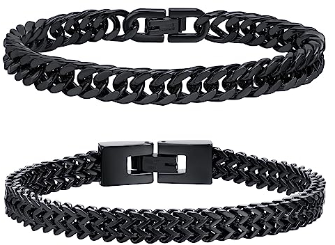 FLHEART Herren Armband Edelstahl Armbänder Panzerkette - 2 Stücke Schwarz Herrenarmbänder für Männer Jungs Kubanische Armband 8mm Breite 23cm Länge Geschenke für Papa Sohn Bruder Ehemann Freundschaft