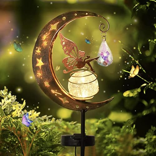 Mond Solarlampen für Außen Garten Deko für Draußen Wetterfest,Fee Garten Solarleuchten für Außen für Garten Terrasse Dekoration,Metall Solarstecker LED Glaskugel Gartenleuchte Wegeleuchten (Wasser)