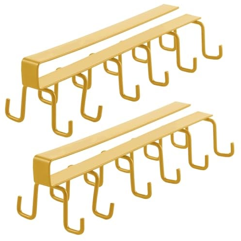 Pasdrucn 2Pcs Mug Holder Under Cabinet, Mug Tree, Under Shelf Storage, Mug Holders for Kitchen, Cup Holder Kitchen, Mug Stand, Mug Hooks, Under Shelf Mug Storage, Cup Holders for Bar Kitchen (Gold)
