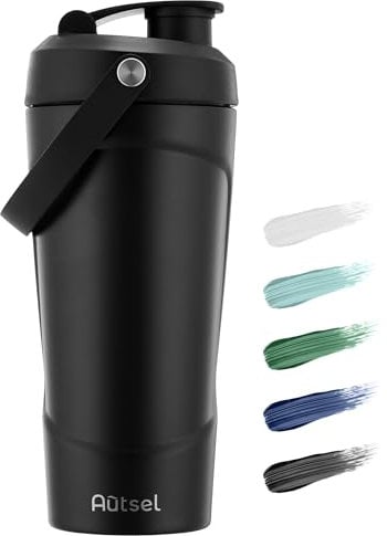 Autsel Stainless Steel Protein Shaker Bottle with Handle, 750ml Metal Protein Shaker with MixBall, Insulated Water Bottle for Gym, BPA Free