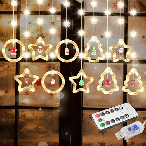 WELLTE Juego de 10 luces LED de Navidad, 3 m, 8 modos, cortina de luces navideña, con mando a distancia, decoración para ventanas, IP44, resistente al agua, para interior y exterior