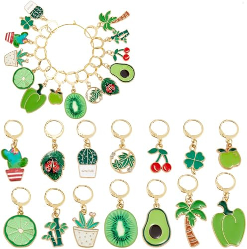 SUNNYCLUE 1 Box 14 Stück 14 Stile Häkelmaschenmarkierer Strickmarker Anhänger Bambus Avocado Kirsche Klee Zitrone Äpfel Kaktus Pflanze Obst Karabinerverschluss Anhänger Zum Weben Nähen Stricken Reißve