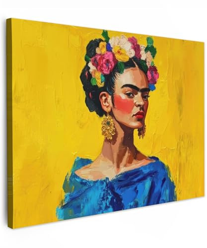 MuchoWow© Wandbilder 70x50 cm Schlafzimmer Home Deko Wohnung Bild Wohnzimmer Fotoleinwand Wand Bilder Leinwand Wall Decor Frida Kahlo - Frau - Gelb - Blau - Blumen