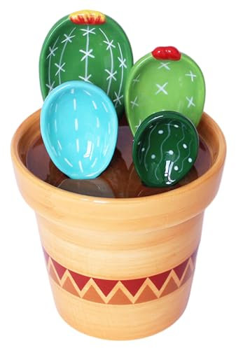 Cactus Measuring Spoons Set in Pot, Cute Ceramic Measuring Cups and Spoons Set with Holder for Baking Salt