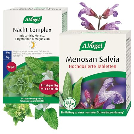 A.Vogel Set aus Nacht-Complex und Menosan Salvia, pflanzliche Nahrungsergänzungsmittel zur Unterstützung von erholsamem Schlaf in den Wechseljahren, mit Extrakten von Lattich, Melisse, Salbei