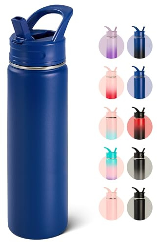 Fijinhom 24oz Insulated Stainless Steel Water Bottle with Straws, Double Wall Vacuum Insulated Bottles, Metal Thermo for Travel, Sports, Leak-Proof, BPA Free, Women & Men, Blue