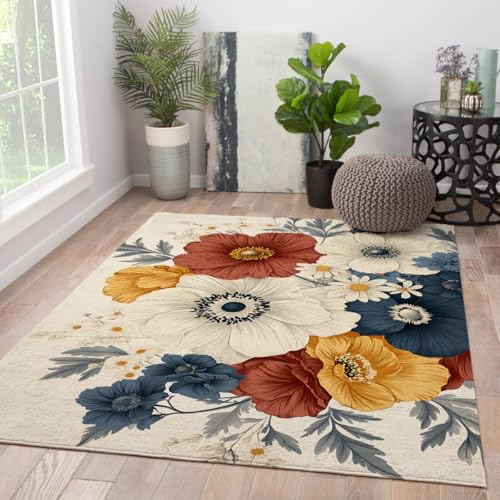 Via Vela waschbar Teppich 90x180cm Large Soft Teppiche for Wohnzimmer Boho Classic Vorleger Blooming Flower Muster Schlafzimmer Esszimmer Retro Colorful Blumen rutschfest fleckenresistent Under Table