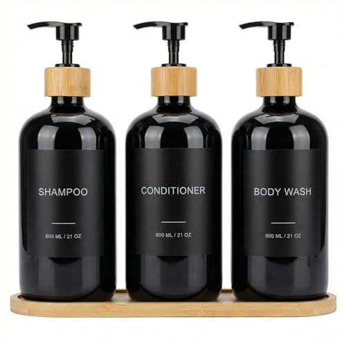 Shampoo and Conditioner Dispenser Set - 3 Pack 600ml/21oz Refillable PET Shower Bottles with Bamboo Plastic Pump, Bamboo Tray, Funnel & Labels, Bathroom Shampoo Dispenser for Shower (Black)