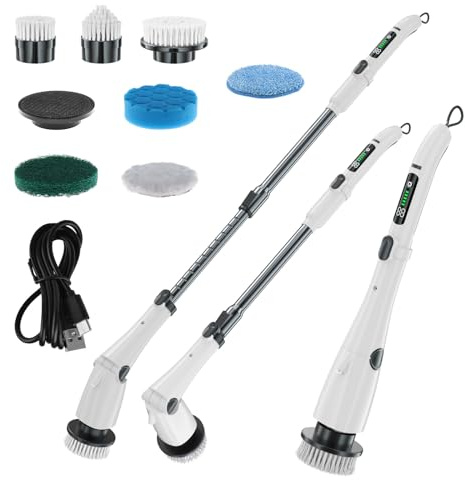 Autolaveuse électrique portative sans fil 7,4 V avec 7 têtes de brosse interchangeables, batterie 4 000 mAh, 3 réglages de vitesse 300 à 500 tr/min, poignée télescopique et 4 (Blanche)