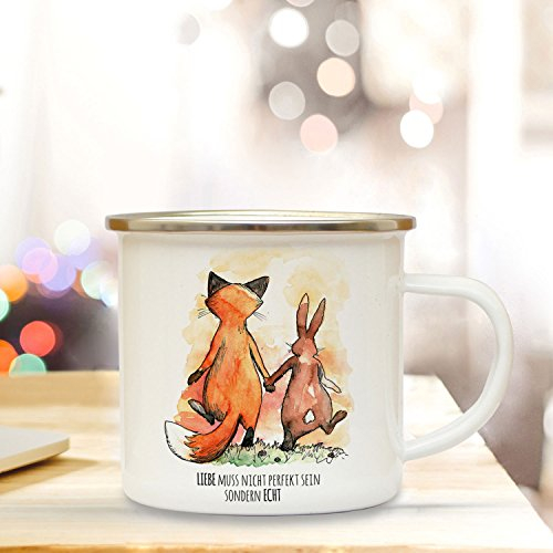 ilka parey wandtattoo-welt Emaille Tasse Becher mit Fuchs & Hase Kaffeebecher Ostern Camping Becher Paar Pärchen mit Motto Spruch Liebe muss nicht perfekt sein eb31
