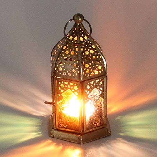 Orientalisches Windlicht Nael Multi aus Metall & Reliefglas, Marokkanische Glaslaterne Gold bunt | Ramadan Deko Teelichthalter mit farbigem Ornamentglas WDL1012
