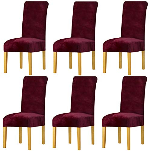 LANSHENG Dehnbare Stuhlhussen für Esszimmerstühle, Stretch-Spandex mit elastischem Band, Stuhlbezug, Samt, große Esszimmerstuhlhussen für Restaurant, Hotel, Party, Bankett (Weinrot, 6er-Pack, M)