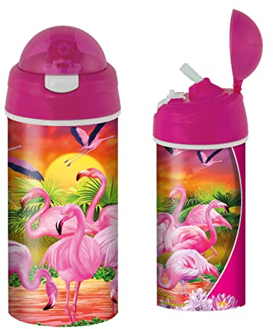 3D LiveLife Gourde - Flamants Roses de Deluxebase. Gourde plastique Animaux Lenticulaire 3D avec Paille. Gourde pour enfants 600 ml avec illustrations originales de l'artiste renommé Michael Searle