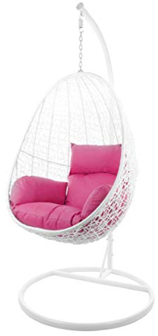 Kideo Komplettset: Hängesessel mit Gestell & Kissen, Korbsessel, Poly-Rattan (Gestell- und Korbfarbe: weiß, Kissen: pink Nest (3333 hot pink))