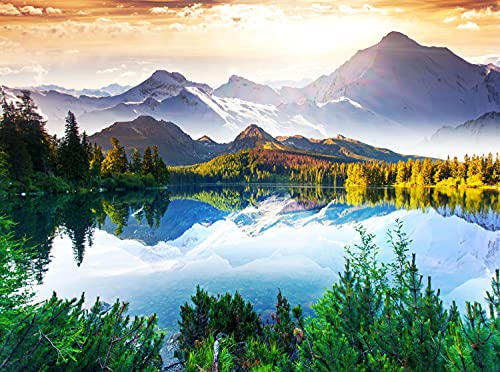 GEBIRGE Fototapete VLIES-350x260 cm (366A)-Natur See Landschaft Alpen Berge Sonnenuntergang Wandtapete-Inkl. Kleister-Vliestapete Bild Dekoration Wand-Dekor Moderne Motiv-Tapete Panorama Poster XXL