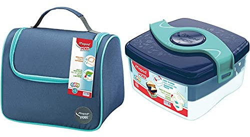 Maped Picnik Origins - Lunch bag Sac à Déjeuner Isotherme pour Enfants - Bleu & Picnik Origins - Boîte à Déjeuner Repas Enfants Ouverture Facile - 2 Compartiments dont 1 Amovible - Bleu Vert - 1,4L