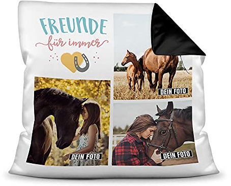 Pferde Kissen mit Füllung - Fotocollage - Pferdefreunde für Immer - mit DREI Fotos selbst gestalten - Geschenk für Pferdeliebhaber - Farbkissen Rückseite Schwarz, 40 x 40 cm