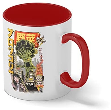 Japanese Monster Movie Kaiju Vegetable Broccoli Anime Broccolizilla White Coffee Mug with Red Rim & Handle
