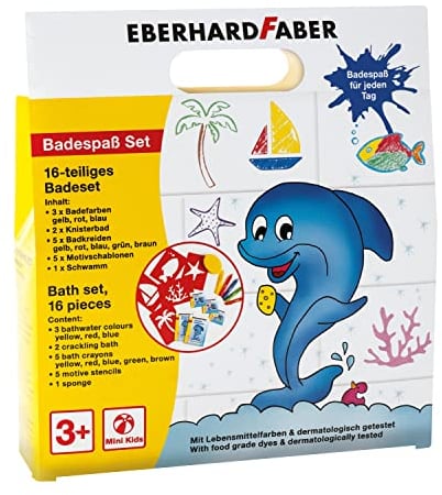 Eberhard Faber 524116 - Badeset Kinder 16-teilig, mit Badewannenstifte, Badefarben, Schablonen, Schwamm, Knister-Bädern, Badespaß Box
