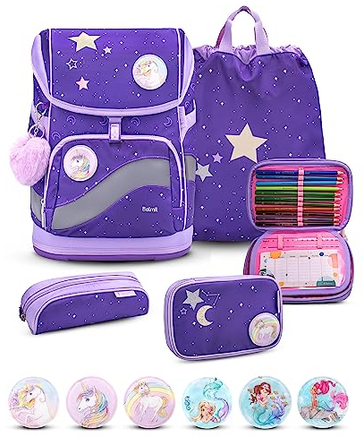 Belmil Premium Smarty Plus ergonomisches Schulranzen Set 5-teilig mit Patch Set 6 Stück, AGR, Brustgurt, Hüftgurt, Magnetverschluss (405-51/P/S Dahlia)