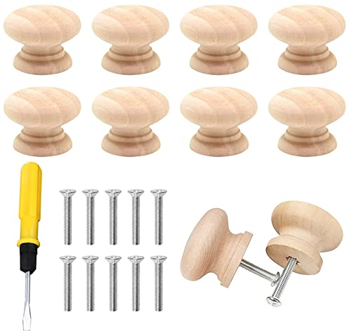 10 Stück Möbelknopf Holz, Holz Tür Schubladengriffe, Schrankknöpfe mit Schrauben und Schraubendreher, 35 x 26mm Runde Holzknöpfe für Möbel,Küche,Griffe Kommode,Schublade,Schuhkasten,Schranktüren