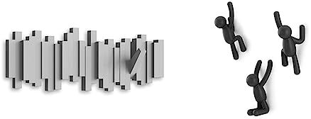 Umbra Sticks Portemanteau mural 5 crochets rabattables, Gris & Buddy Hooks assorted. Crochets muraux Buddy de Porte-manteau mural décoratif, ensemble de 3, noirs.