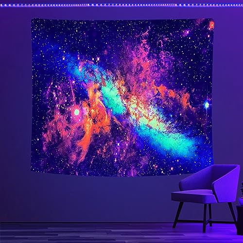 Psyhilar Schwarzlicht Tapisserie Galaxie Nebel Sterne UV Reaktiv Neon Universum Weltraum Wandbehang Schwarzlicht Poster für Erwachsene (91 x 71 Zoll)