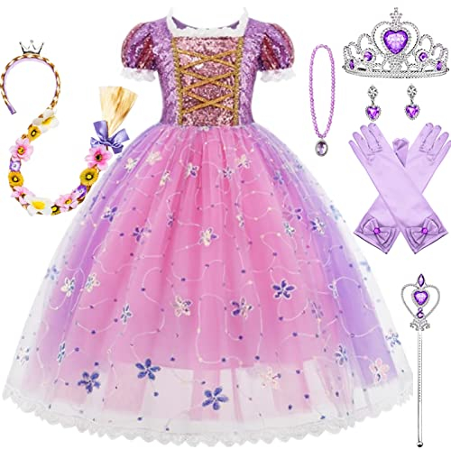 Kosplay Mädchen Prinzessin Rapunzel Kostüm Mit Accessoires - Kinder Verkleidung für Geburtstag, Party, Weihnachten, Halloween, Karneval - Cosplay Kleid